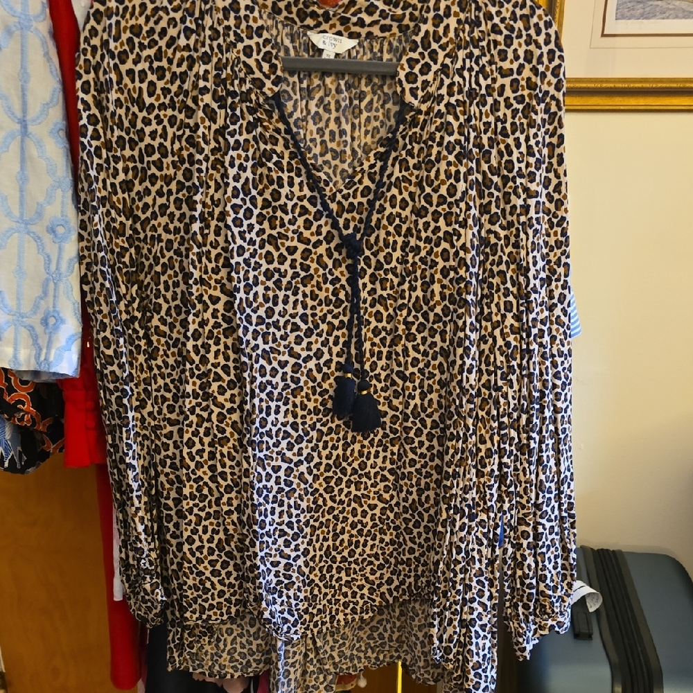 Crown & Ivy Leopard Print Blouse With Tassel Tie